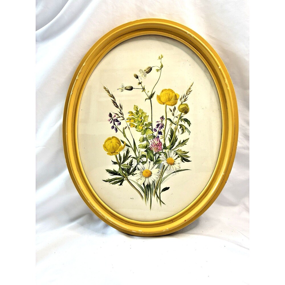 Vtg 50s Yellow Framed Oval Floral Print Daisy Wildflower AMTR Art Cottage Granny